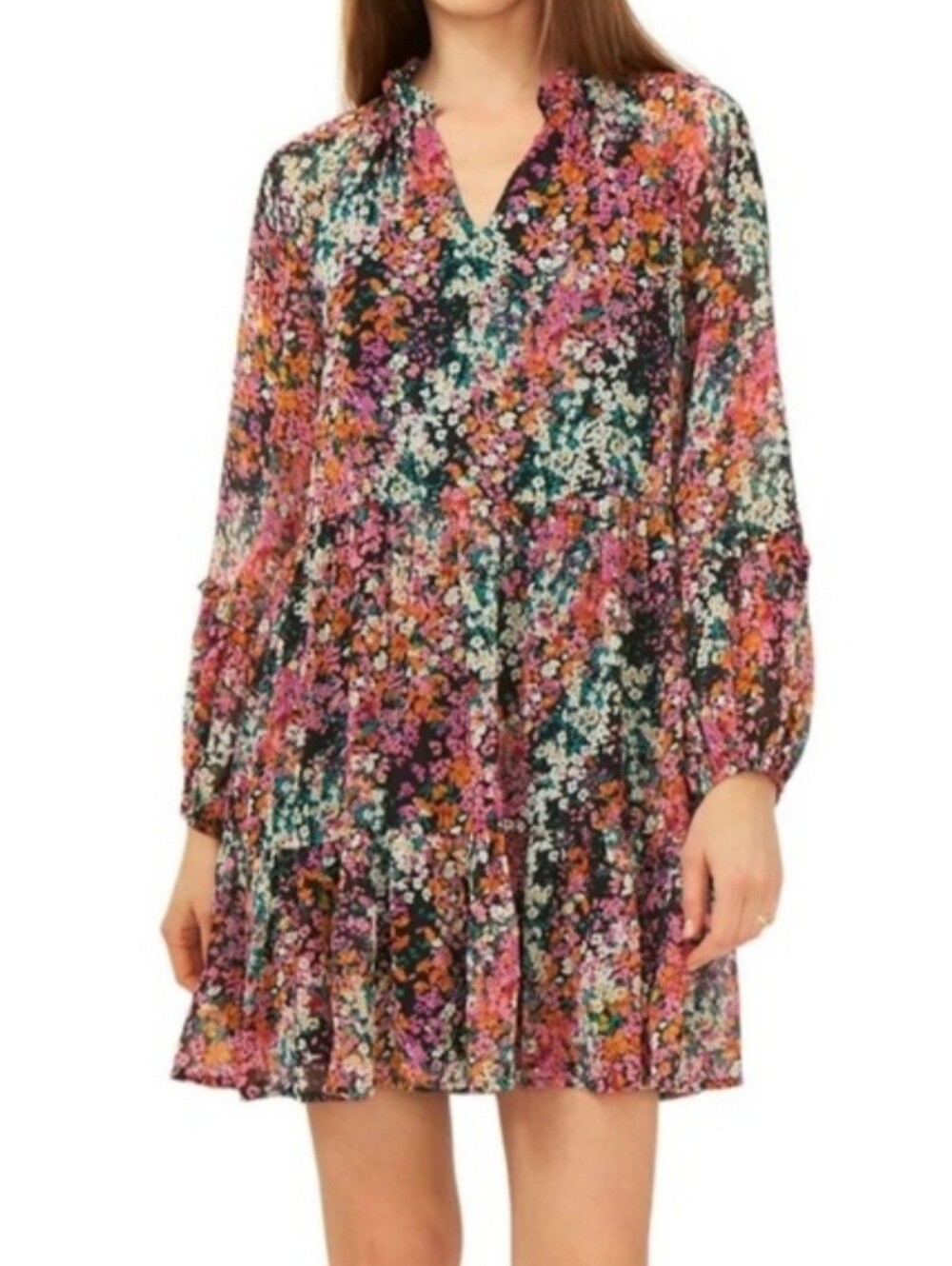 Vince Camuto Multicolor And Black Floral V-Neck Tunic Dress